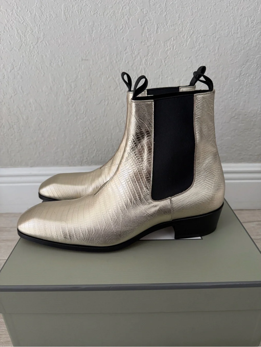 Tom Ford Metallic Gold croc Textured Leather Chelsea Boots men 11.5